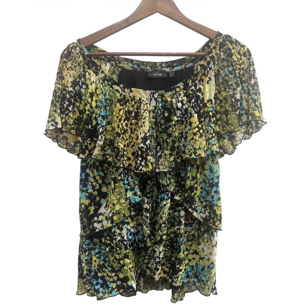 Apt. 9 Ruffle Blouse Women 0X Green Abstract‎ Floral Excellent Tiered Mesh Top